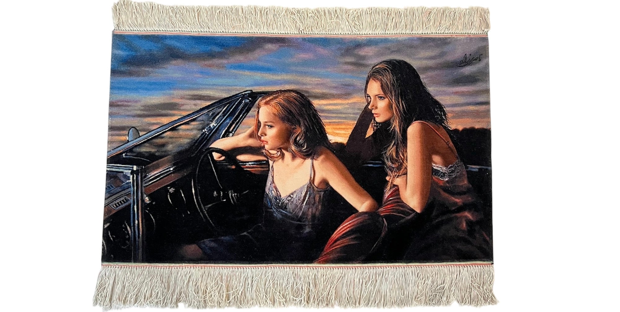 Hand-Knotted Persian Silk and Wool Wall Rug - Two Girls in a Car at Cloudy Sunset 38” x 22”