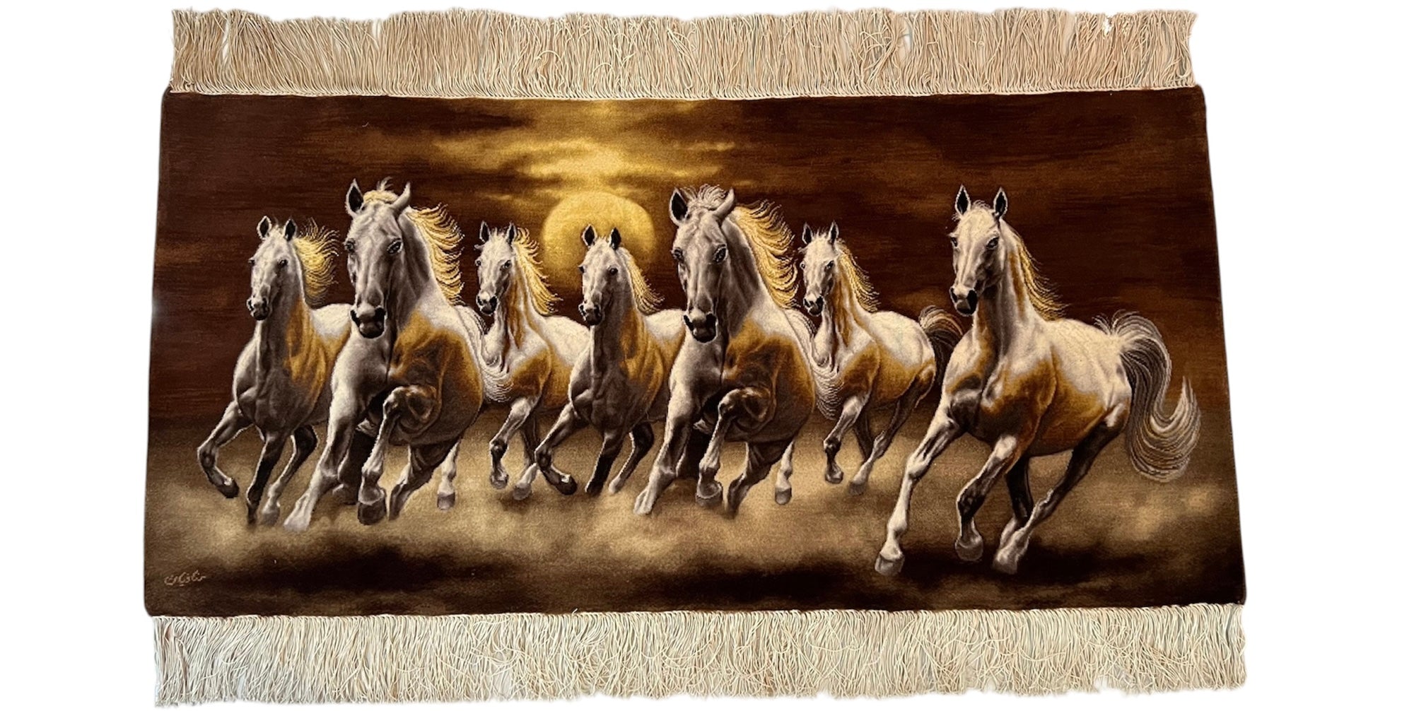 Hand-Knotted Persian Silk and Wool Wall Rug - Galloping Horses at Sunset 51” x 24”