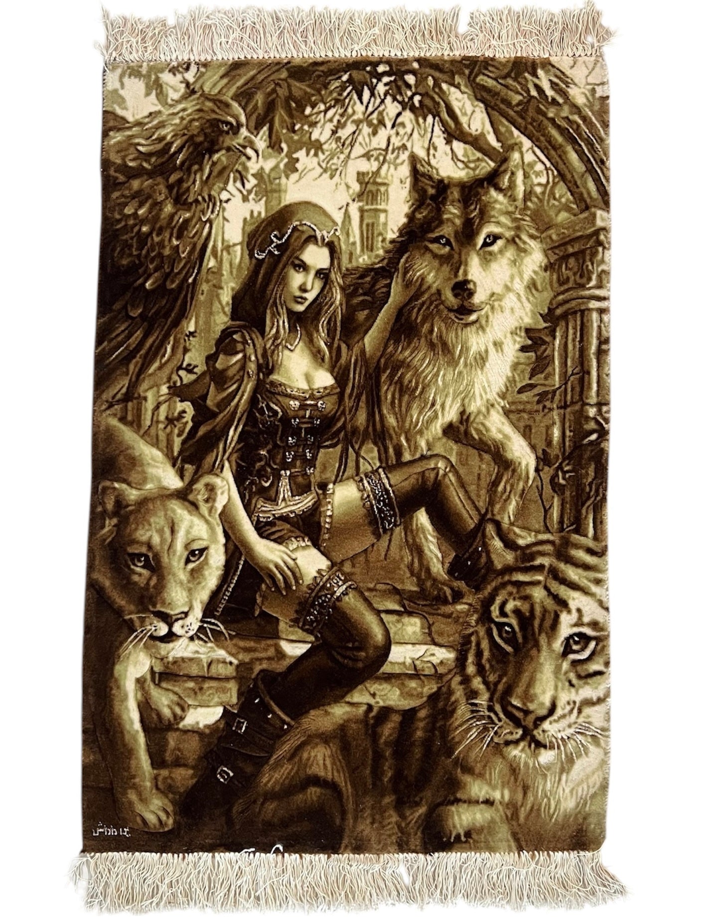 Hand-Knotted Persian Silk and Wool Wall Rug - Enchanted Warrior with Wild Beasts 38” x 25”